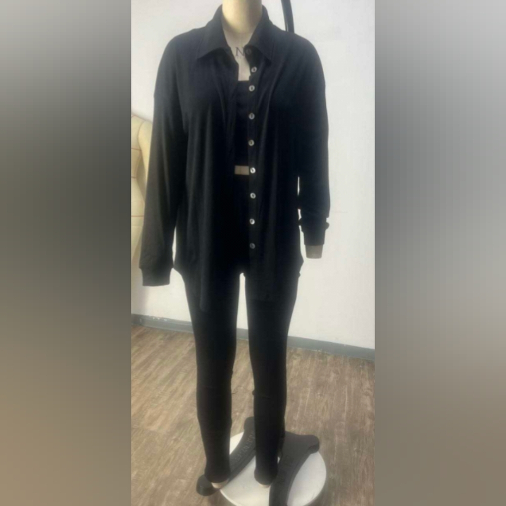 Women 3pc Ribbed Black Legging 31" L, 11.5" W, Jacket 25" PTP, & Crop Top 15"NWT